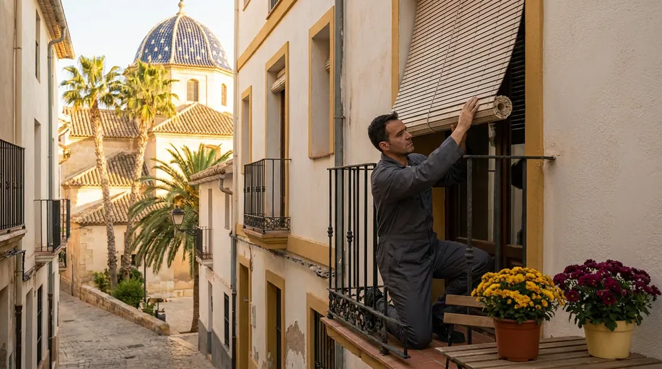 Persianista recogiendo una persiana de madera en el balcón de una calle antigua con cúpula al fondo