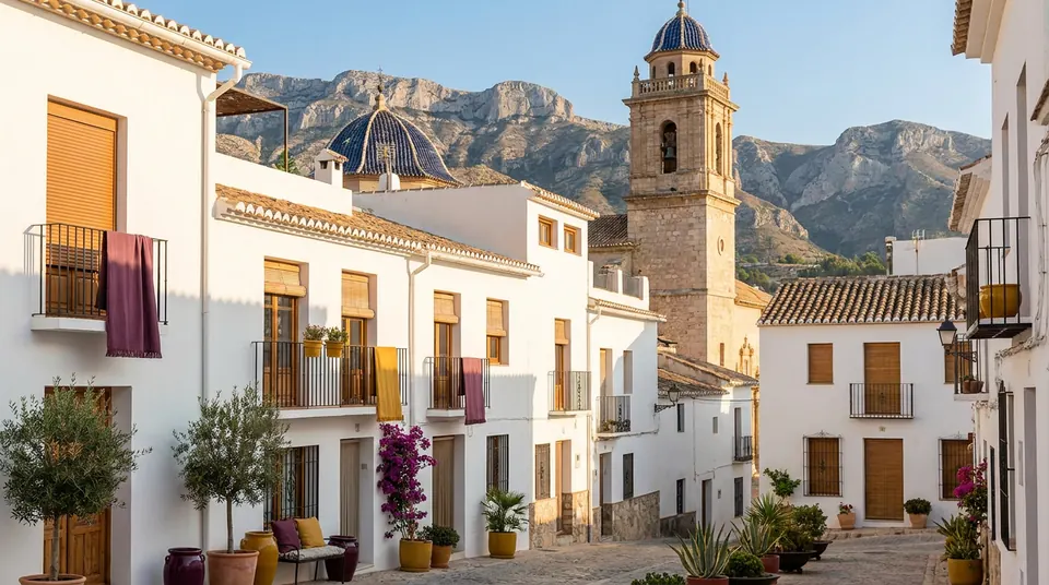 Calle de casas blancas con balcones y persianas al pie de la sierra