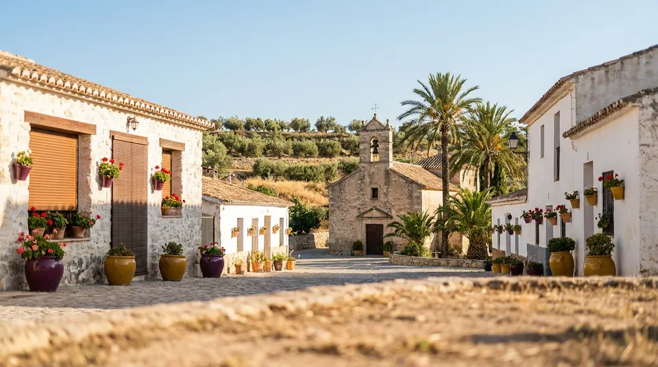 Plaza con casas de pueblo, persianas enrollables y una pequeña iglesia