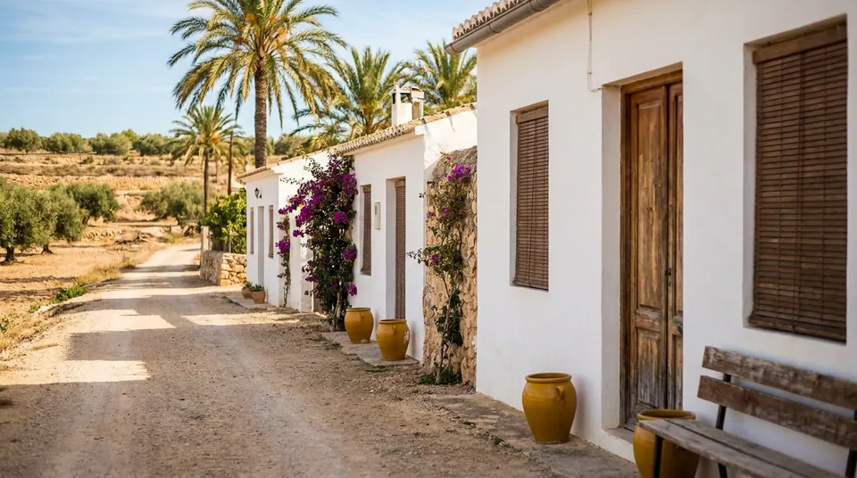 Casas bajas encaladas con persianas alicantinas de madera junto a un camino