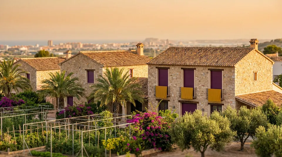 Casas de piedra con persianas entre huertos y olivos
