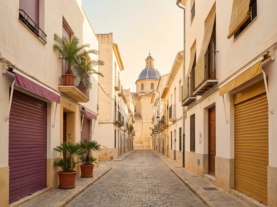 Calle estrecha de casas antiguas con persianas de colores y una cúpula al fondo